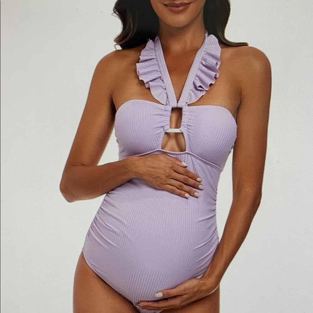 Lavender Ruffle Halter Maternity One Piece Swimsuit